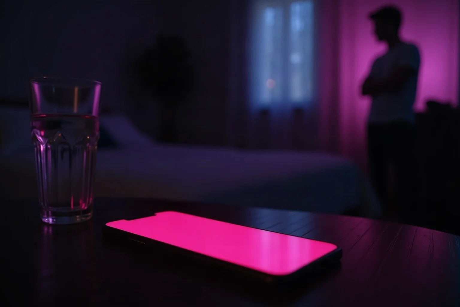 A phone glowing warm pink on a dark nightstand, a blurred figure behind it
