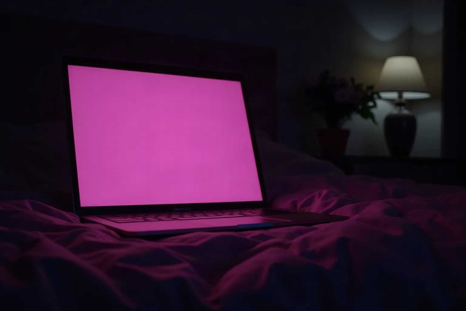 A laptop open on a dark bed, its screen casting pink light across the duvet