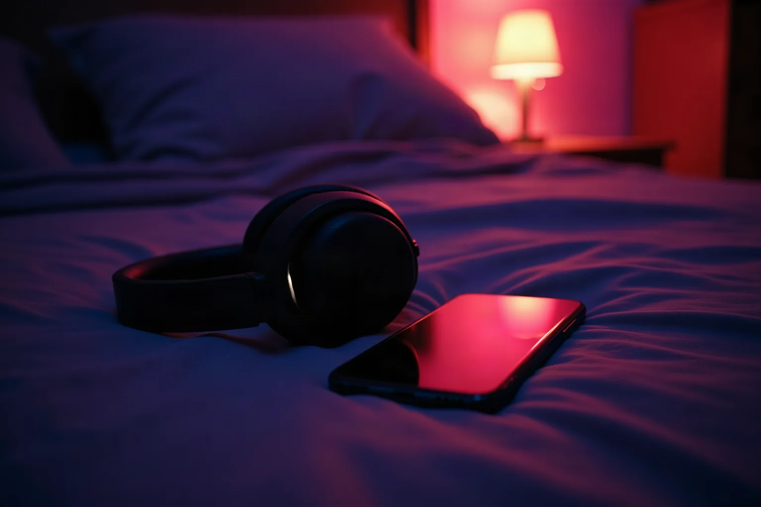 Headphones resting on a dark bedspread beside a face-down phone leaking pink light