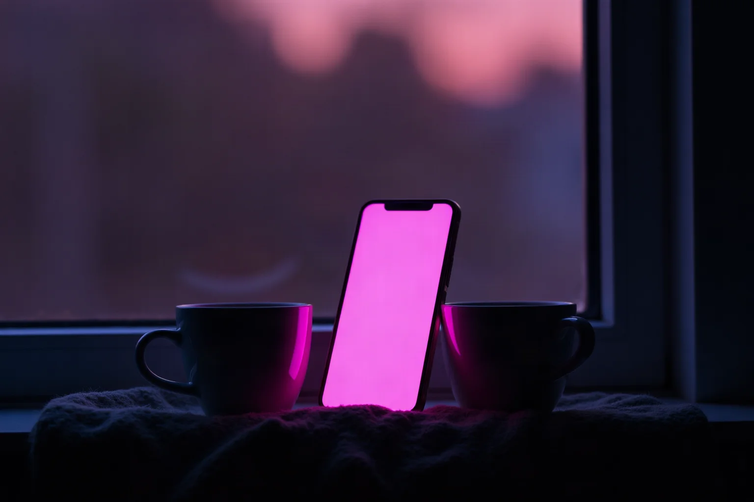 Two coffee cups on a dark windowsill at dawn with a softly glowing phone between them