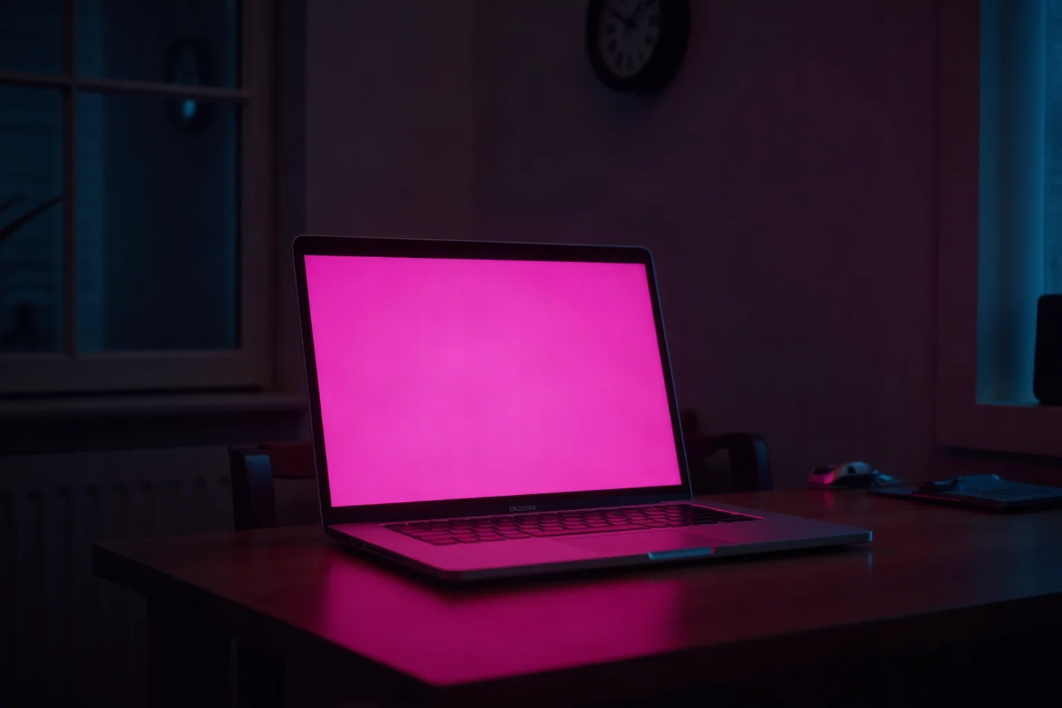 A laptop glowing pink on a kitchen table in a dark apartment at night