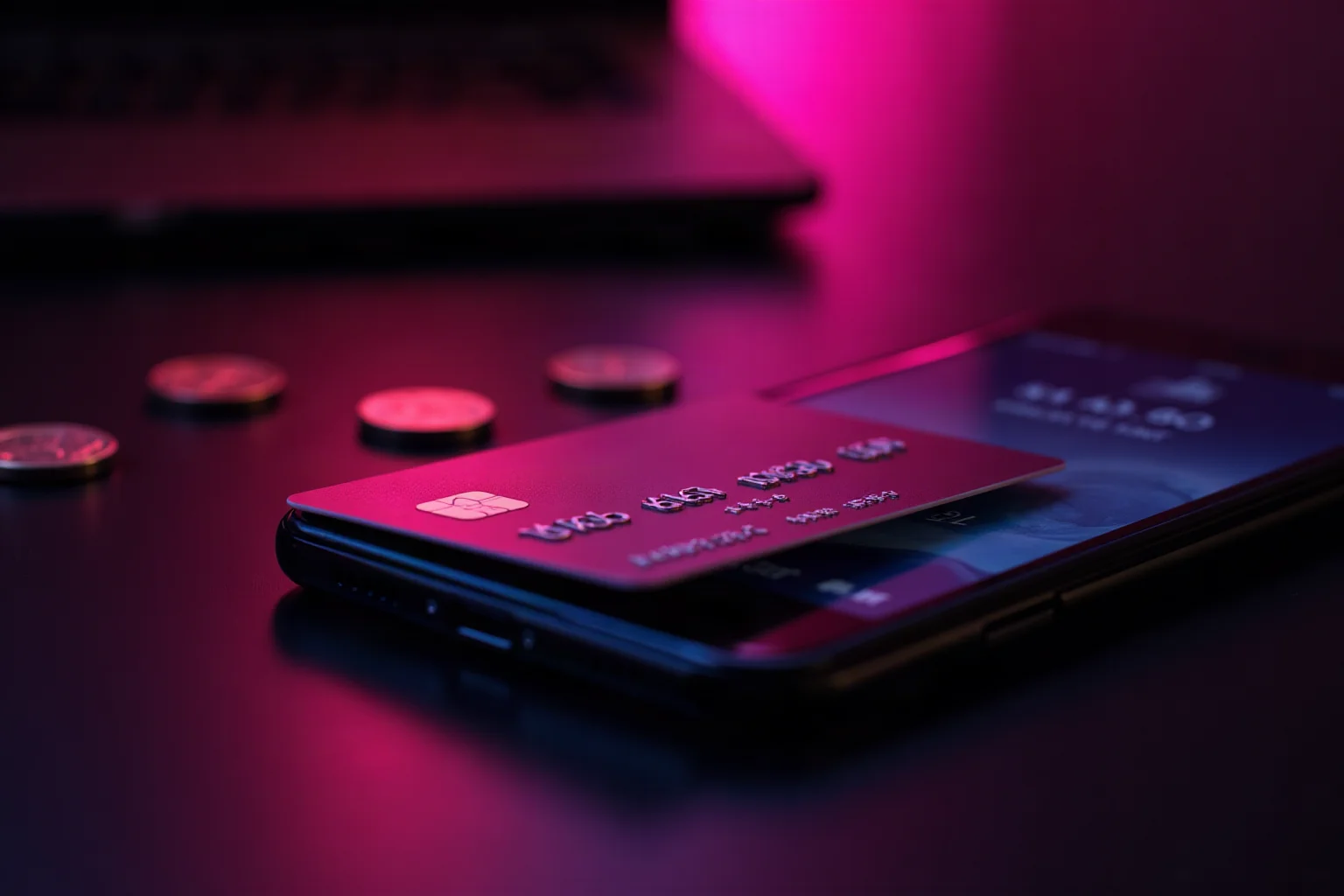 A credit card on a dark glass surface beside a glowing phone and scattered brass tokens