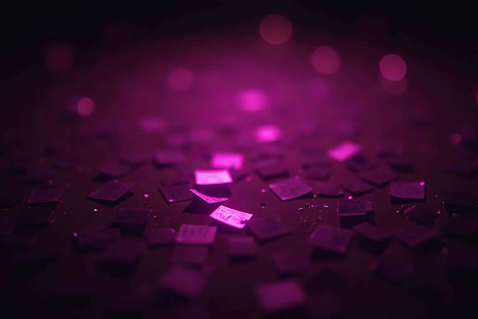 Dozens of translucent cards floating in a dark void, edge-lit in pink and violet