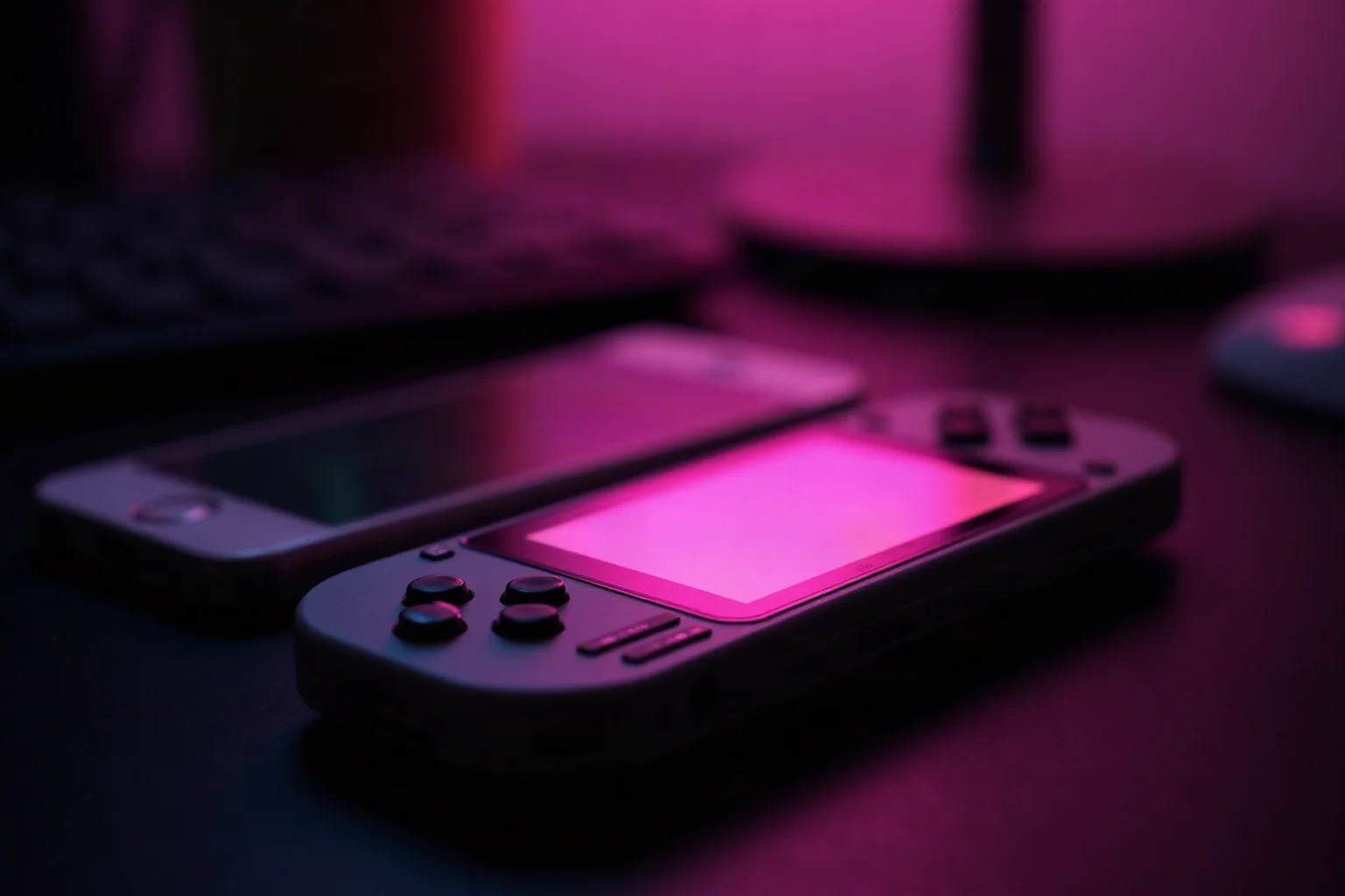 A vintage handheld console beside a modern smartphone on a dark desk, both faintly glowing